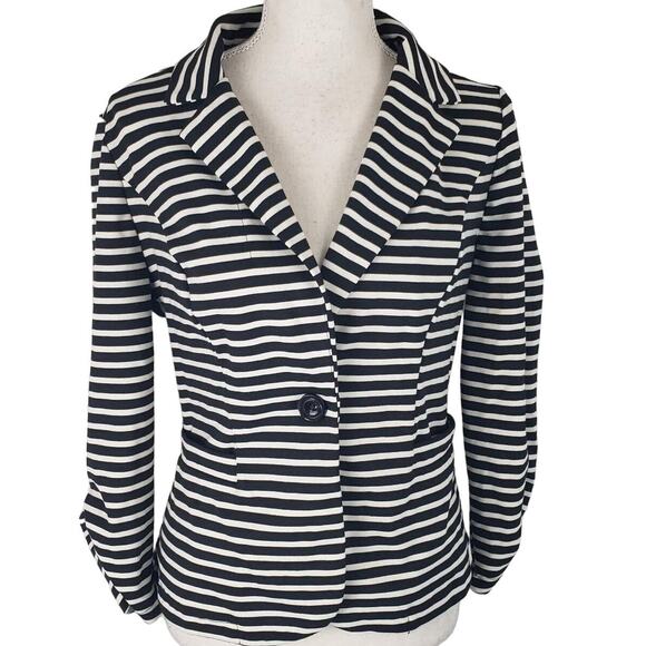 Ambition Notched Collared Single Button Ruched Sleeve Stretch Striped Blazer M - Picture 1 of 13